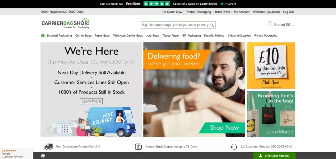 Carrier Bag Shop UK storefront home page